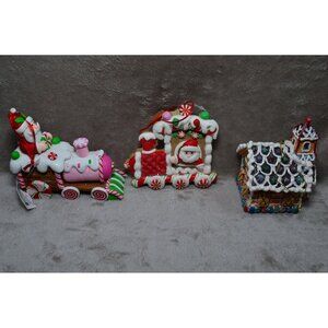 Gingerbread Themed Christmas Ornaments Lot of 3 Santa House Sugar Holiday Train